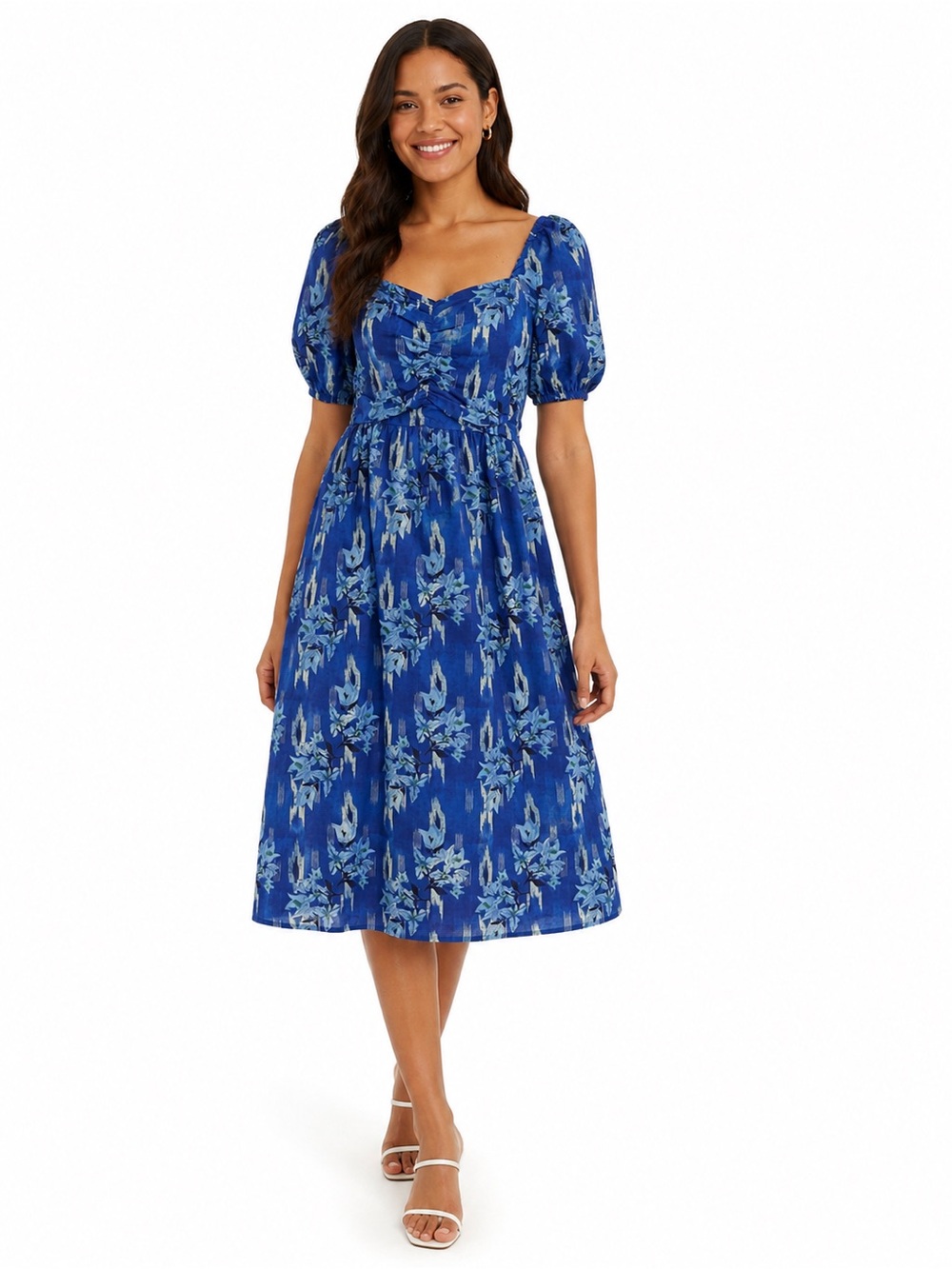 Ro's Garden 100% Cotton Harbin Floral Midi Dress in Blue